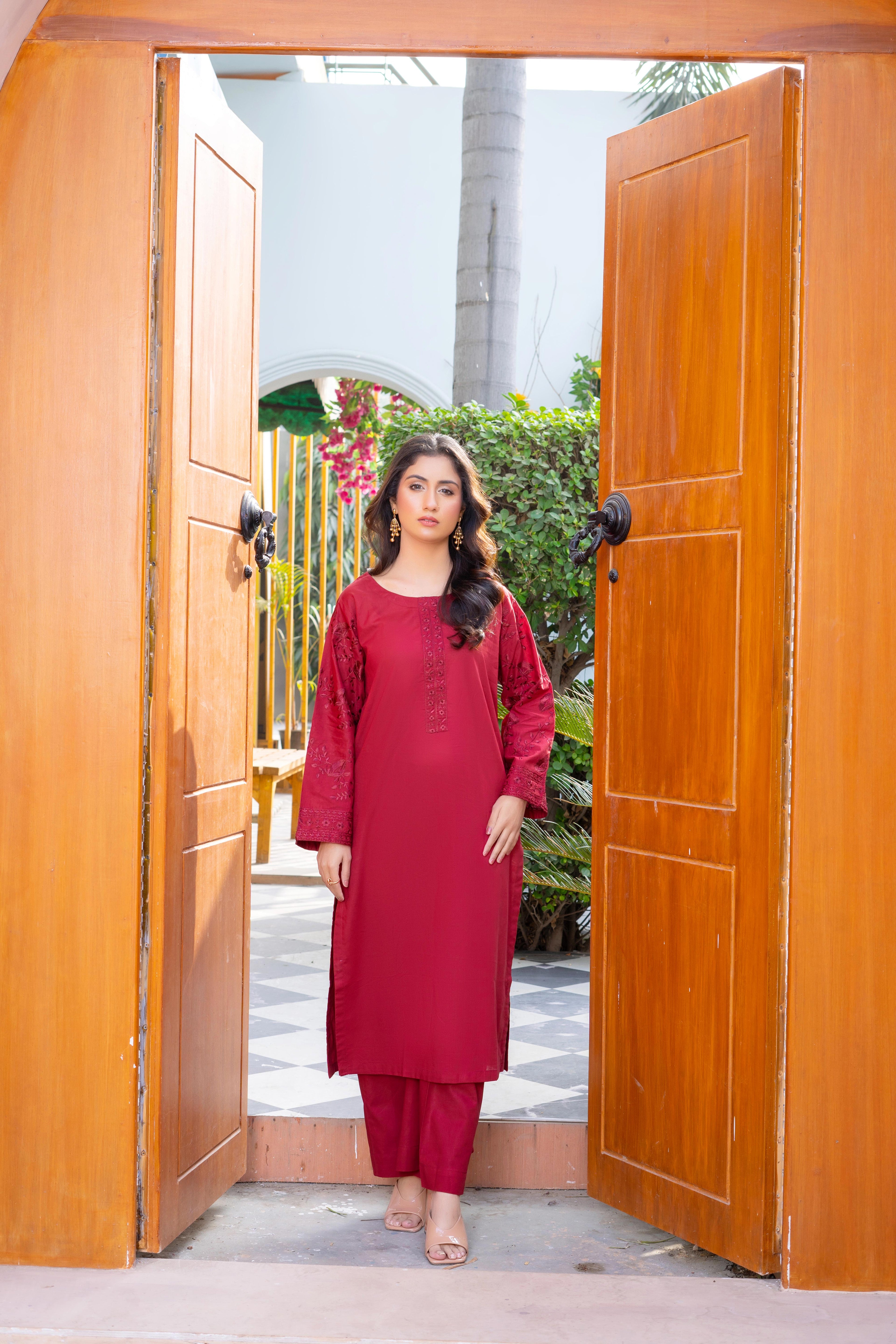 Stitched 2-Piece Suit – Maroon Embroidered Elegance