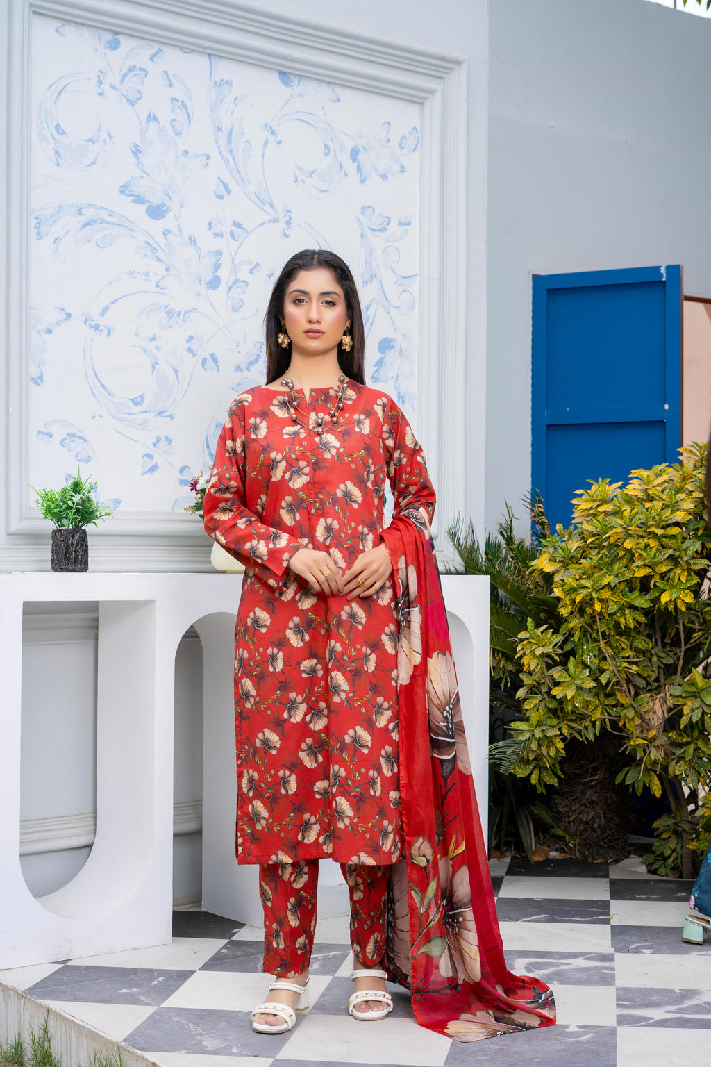 Stitched 3-Piece Suit – Crimson Bloom with Coordinated Dupatta