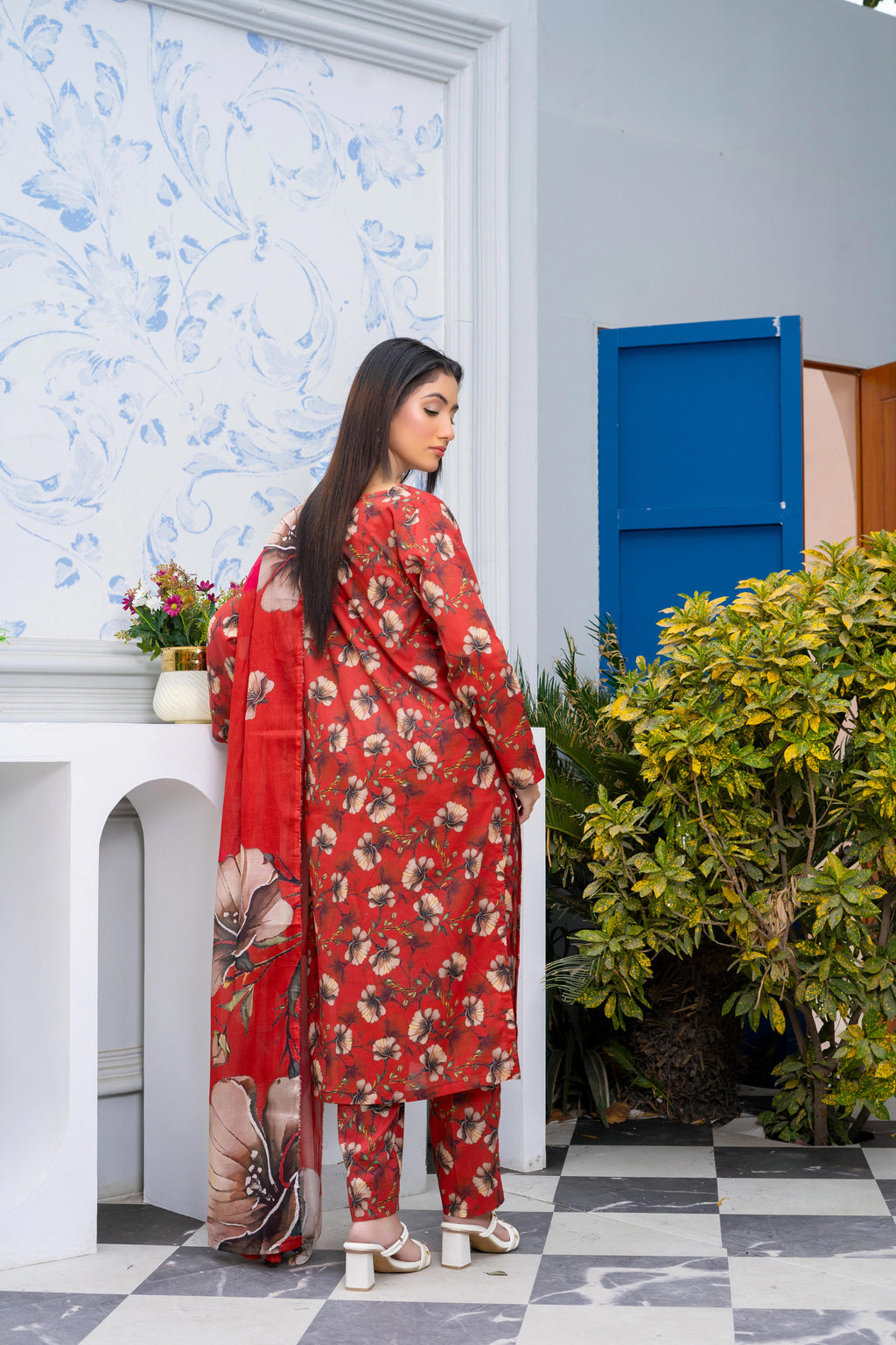 Stitched 3-Piece Suit – Crimson Bloom with Coordinated Dupatta