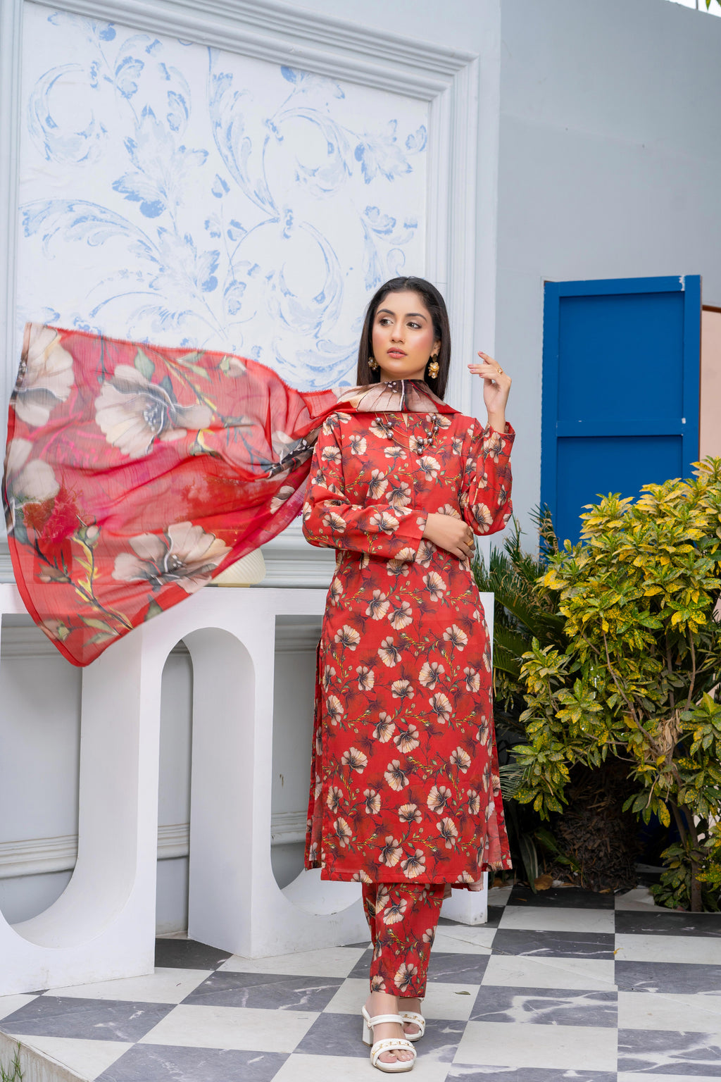 Stitched 3-Piece Suit – Crimson Bloom with Coordinated Dupatta