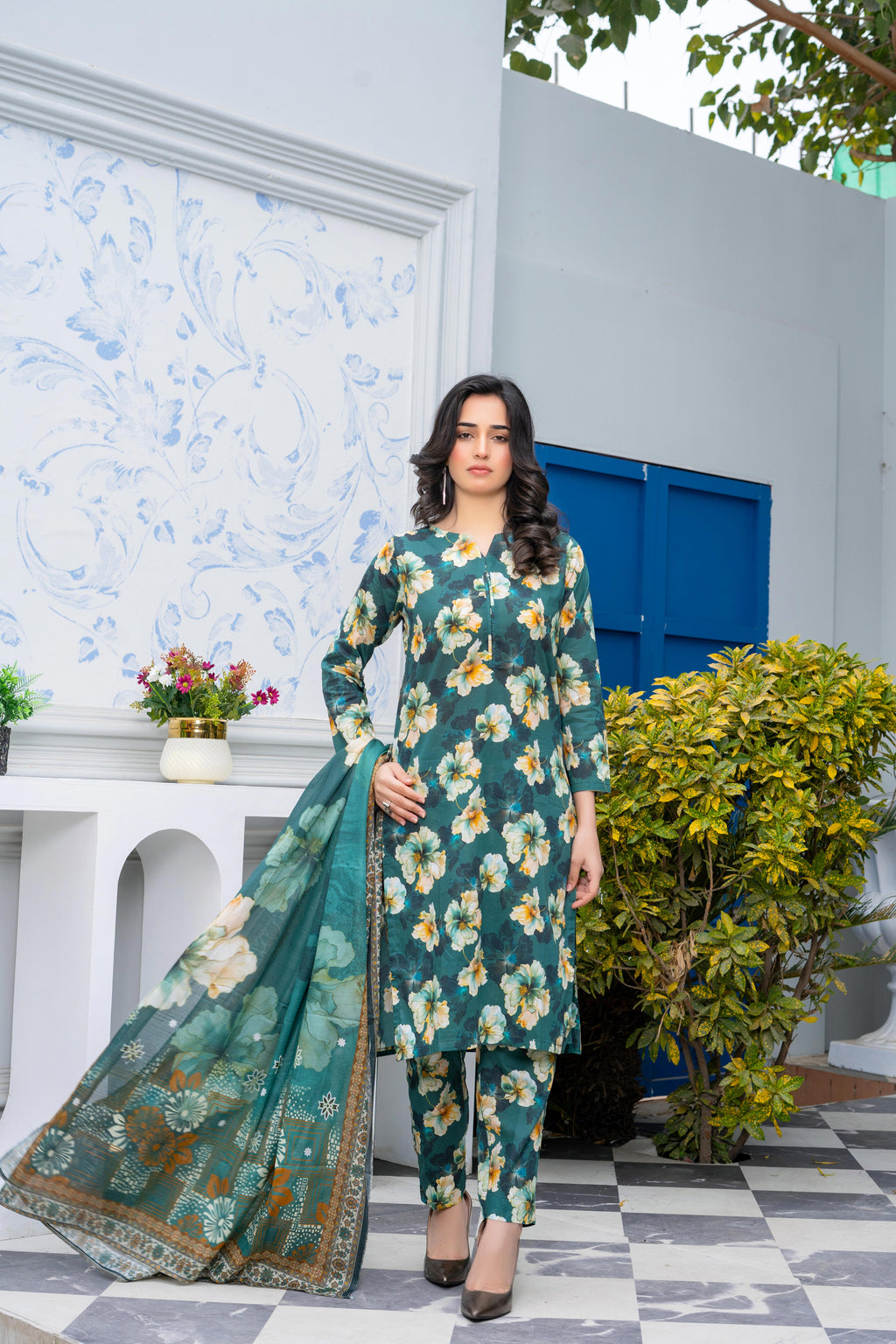 Stitched 3-Piece Suit – Meadow Green with Ornate Dupatta