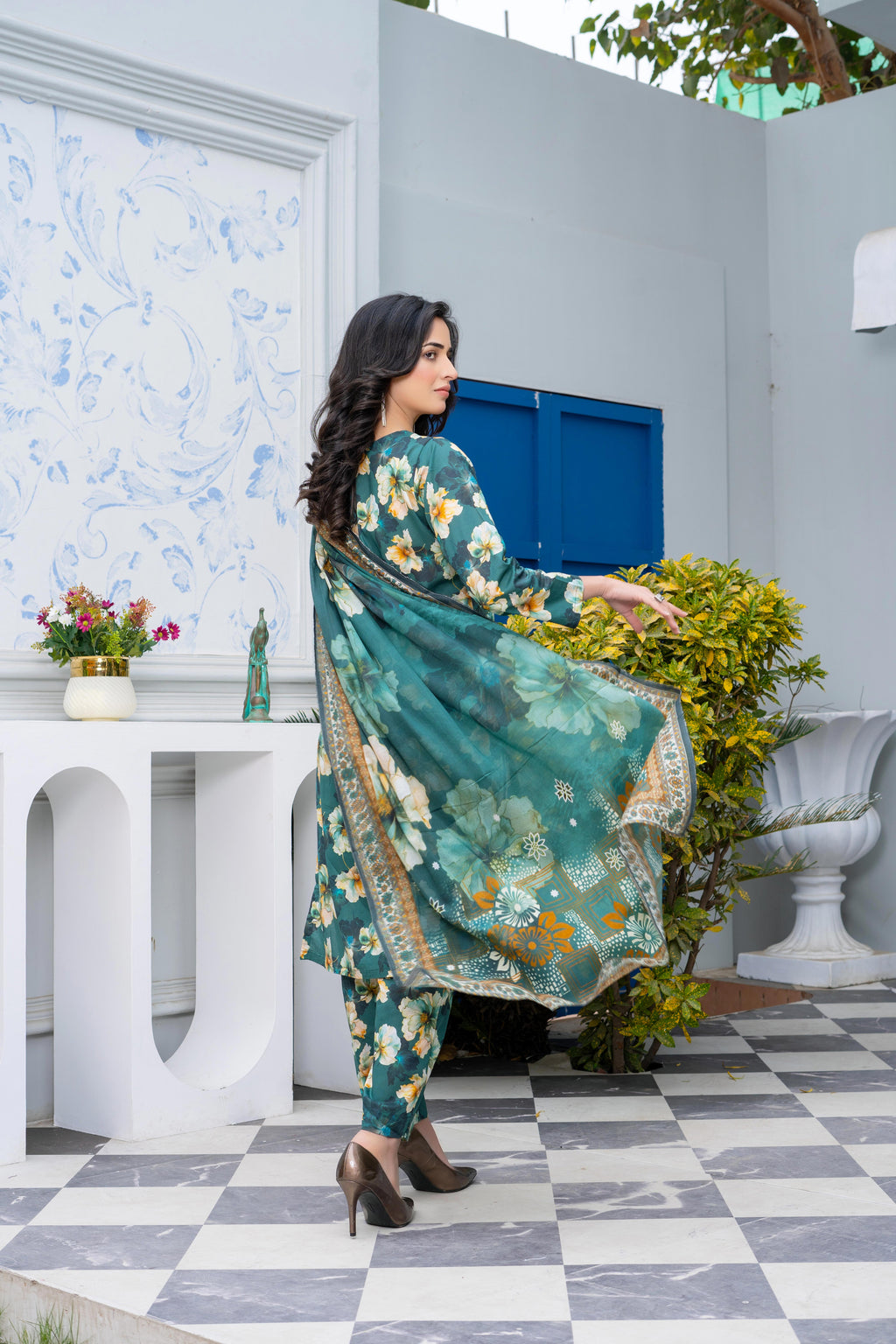 Stitched 3-Piece Suit – Meadow Green with Ornate Dupatta