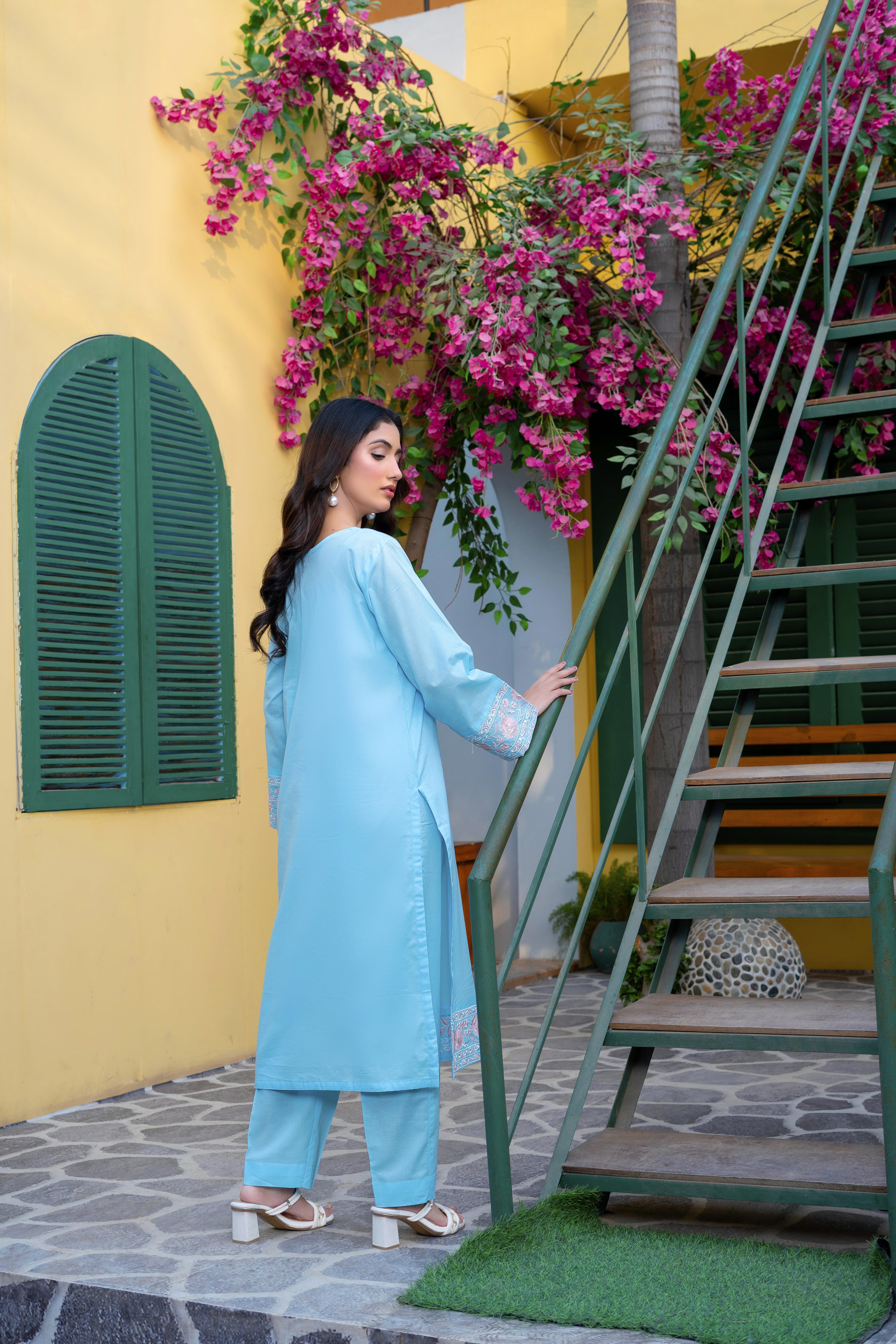 Stitched 2-Piece Suit – Sky Blue Elegance with Embroidered Detailing