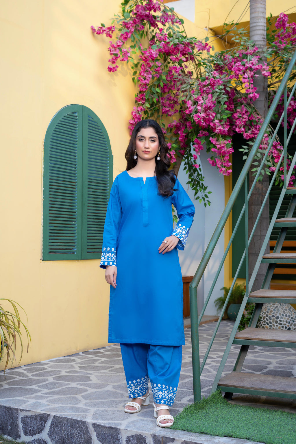 Stitched 2-Piece Suit – Azure Charm with White Embroidery