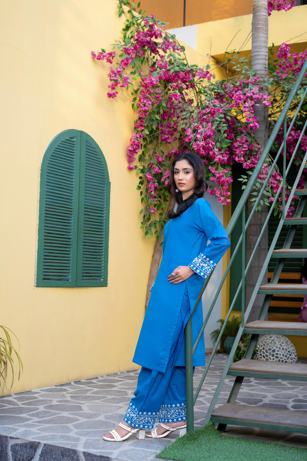 Stitched 2-Piece Suit – Azure Charm with White Embroidery