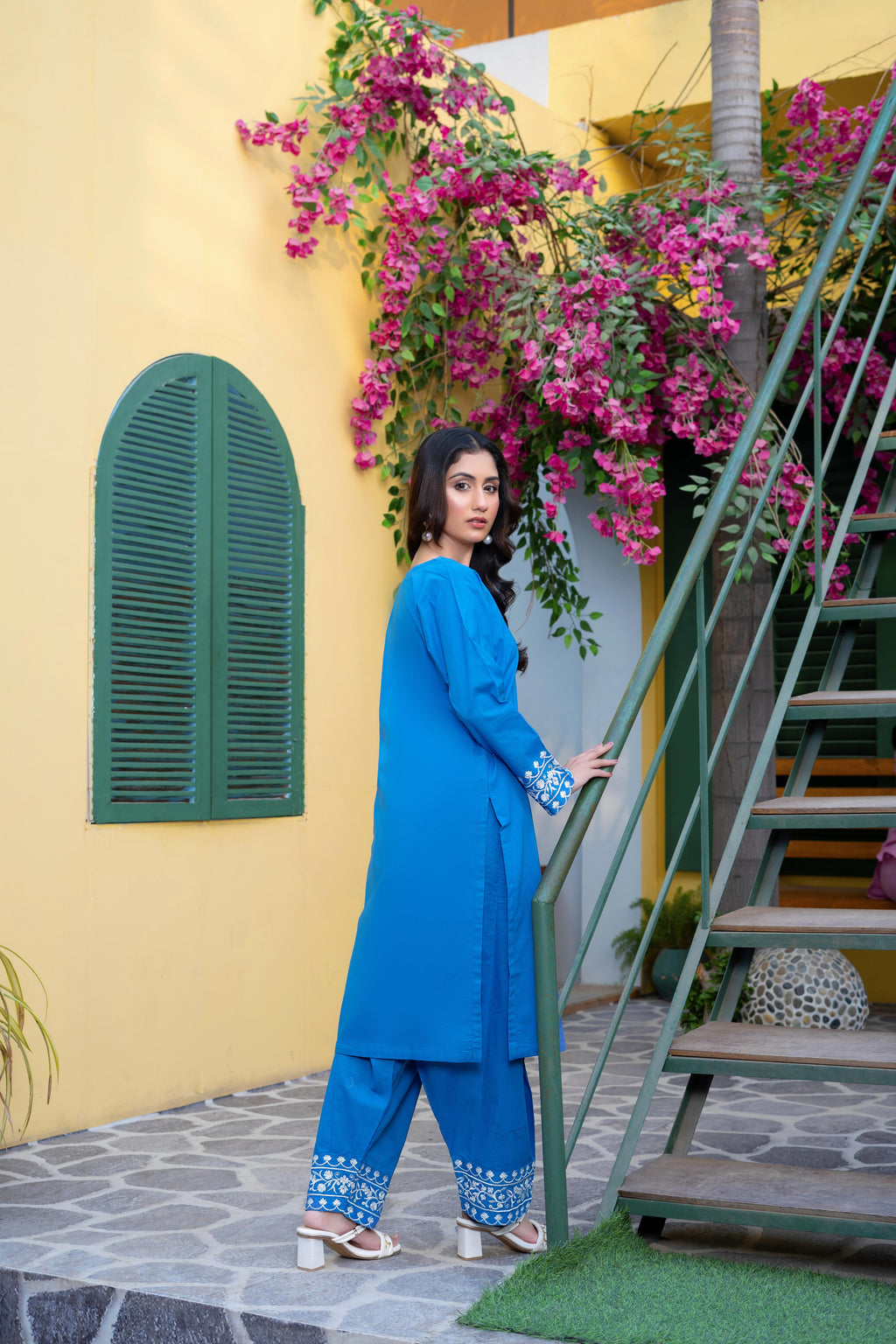 Stitched 2-Piece Suit – Azure Charm with White Embroidery