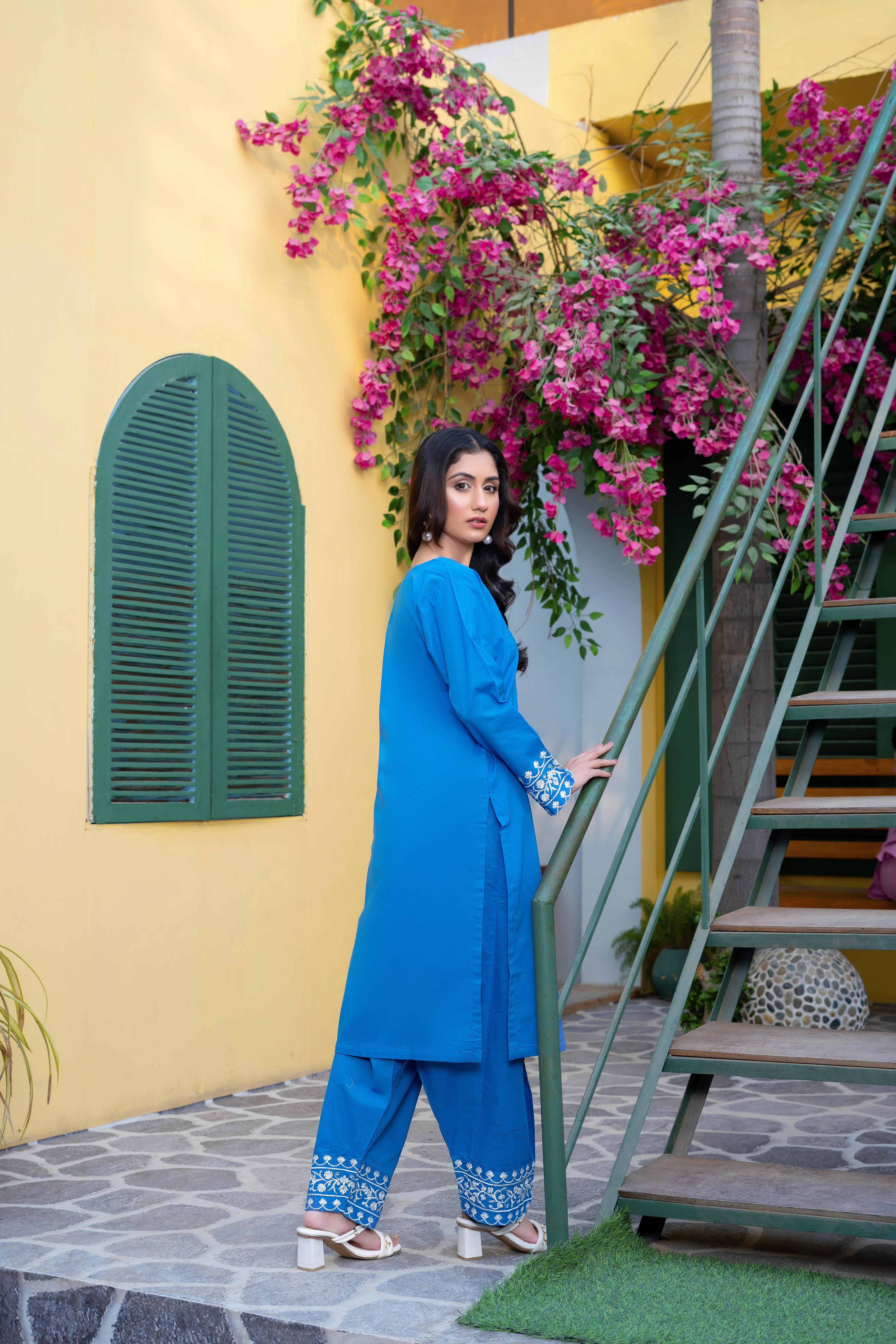 Stitched 2-Piece Suit – Azure Charm with White Embroidery