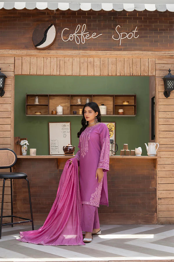 Purple Embroidered Cotton 3 Piece Suit
