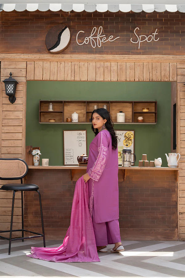 Purple Embroidered Cotton 3 Piece Suit