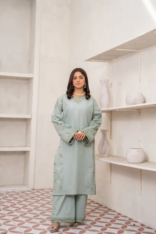 Elegant Light Green Embroidered Cotton Suit