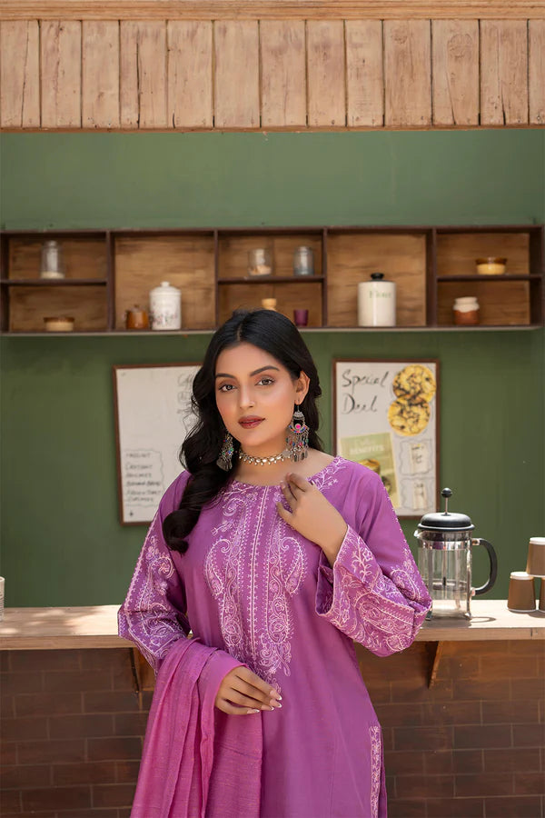 Purple Embroidered Cotton 3 Piece Suit