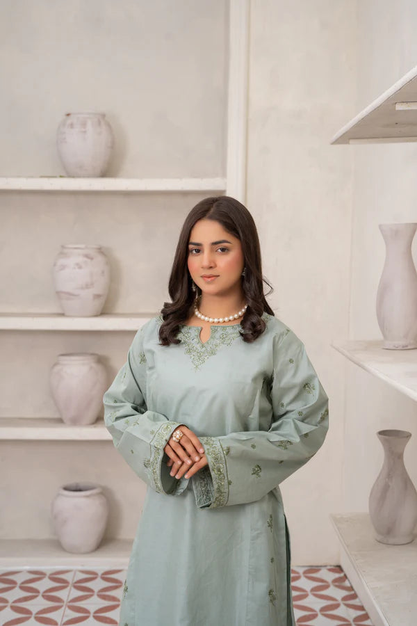 Elegant Light Green Embroidered Cotton Suit