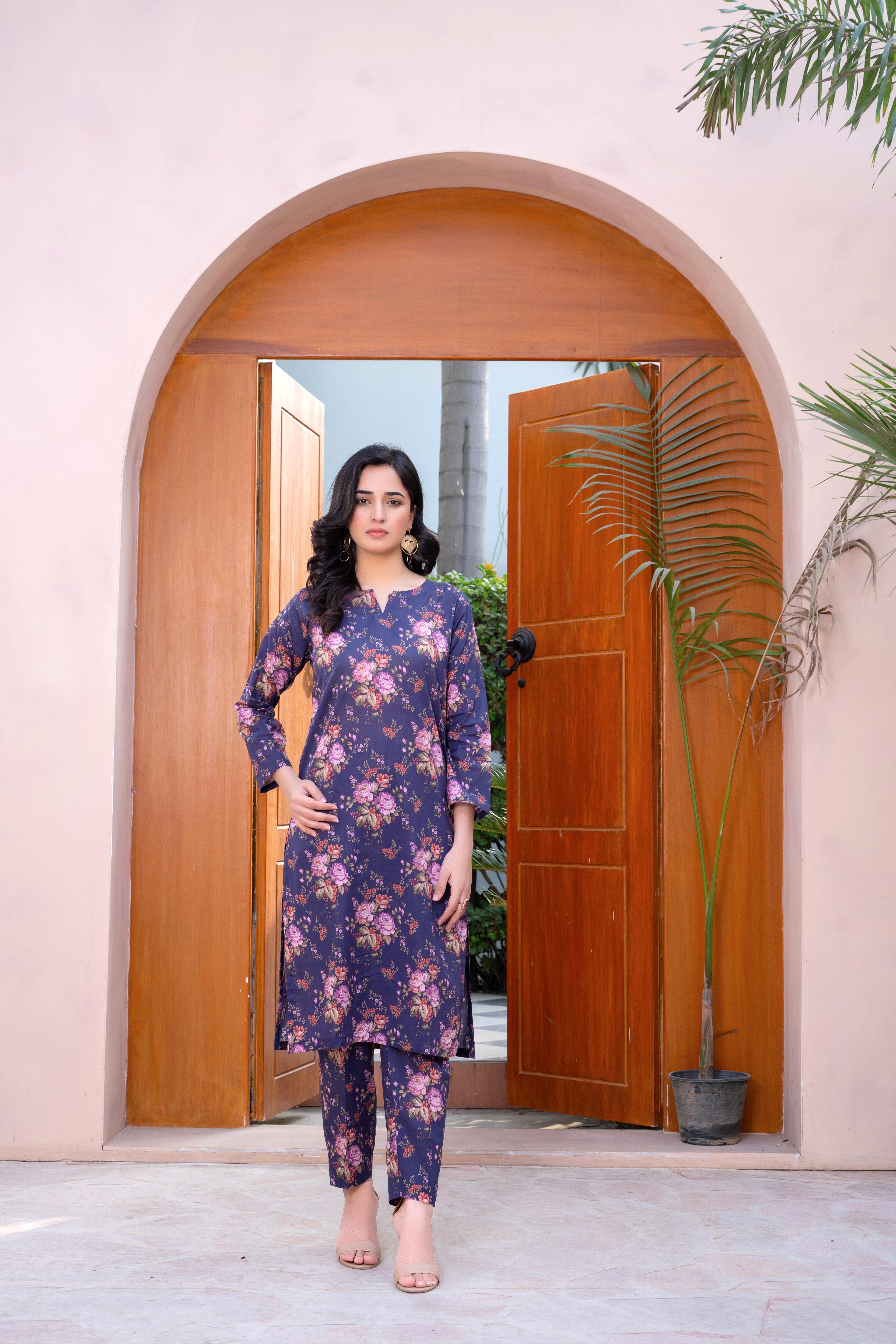 Stitched 2-Piece Suit – Purple Bloom with Pastel Florals