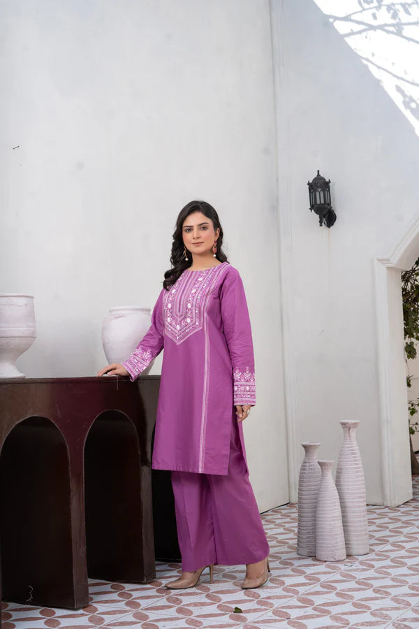 Classic Purple Embroidered Cotton Suit
