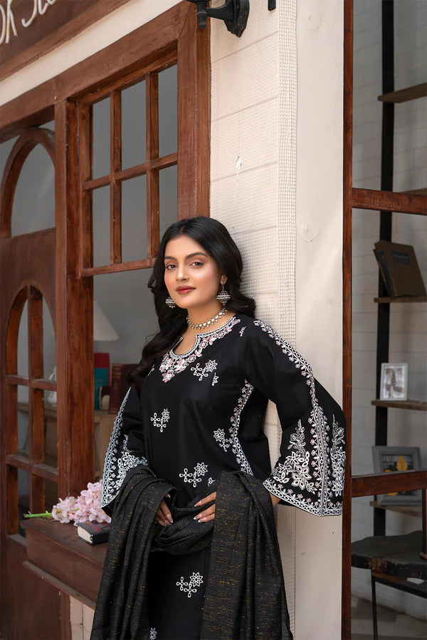 Black Embroidered Cotton 3 Piece Suit