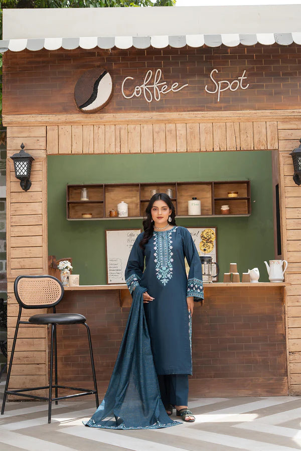 Dark Blue Embroidered Cotton 3 Piece Suit