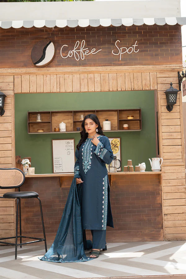 Dark Blue Embroidered Cotton 3 Piece Suit