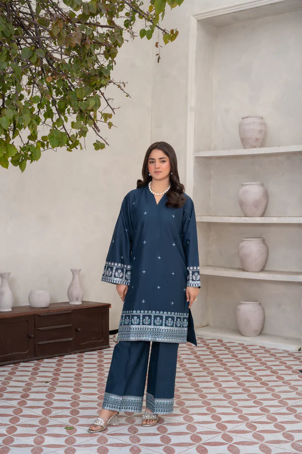 Royal Blue Embroidered Cotton Suit