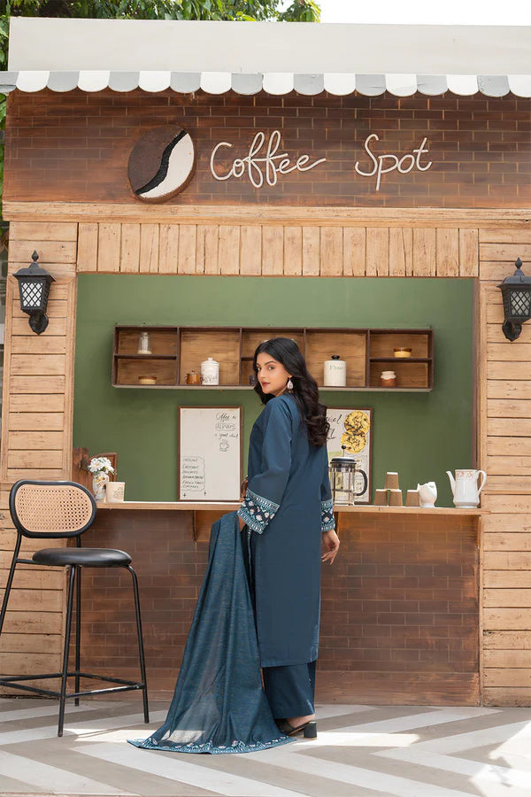 Dark Blue Embroidered Cotton 3 Piece Suit