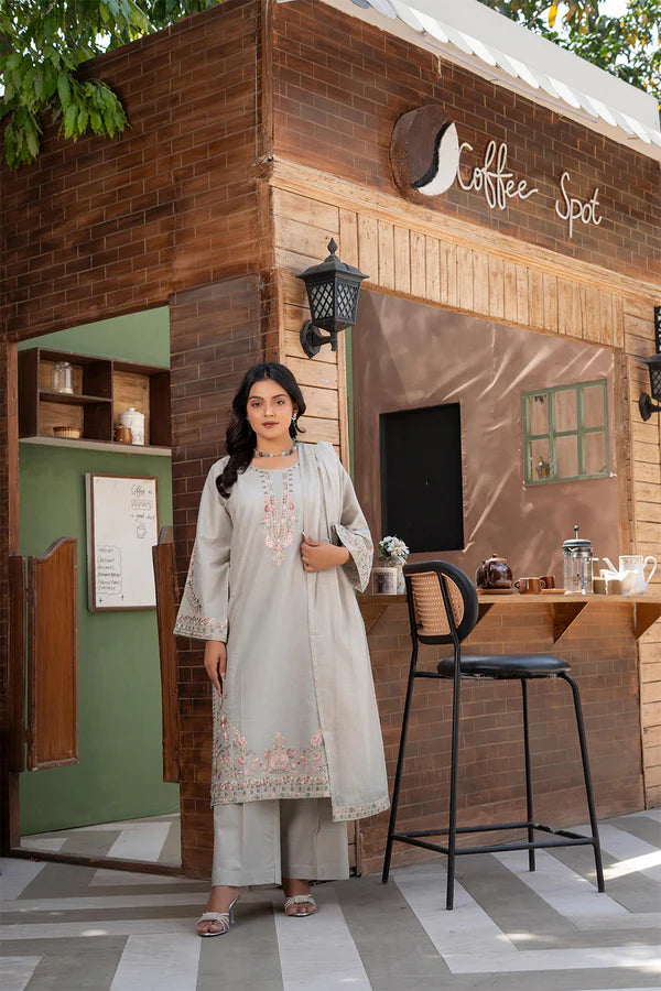 Light Gray Embroidered Cotton 3 Piece Suit