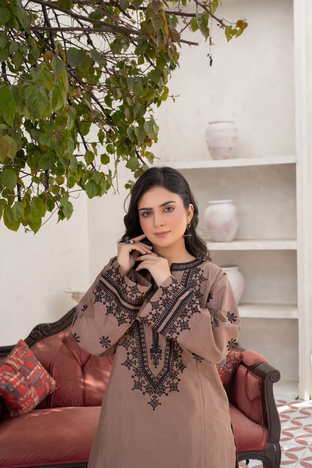 Traditional Brown Embroidered Cotton Suit