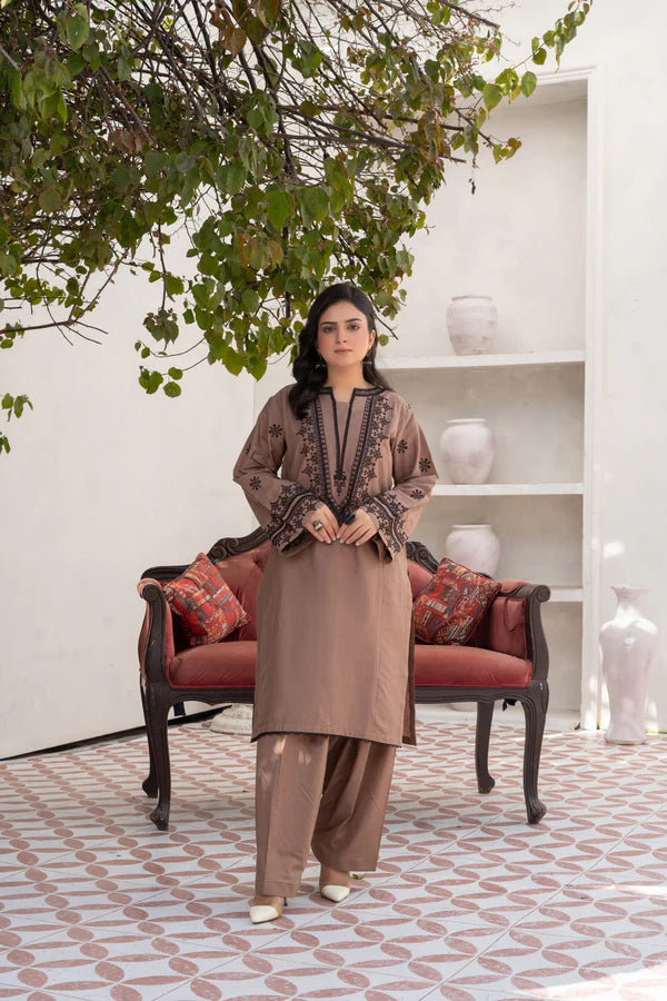 Traditional Brown Embroidered Cotton Suit