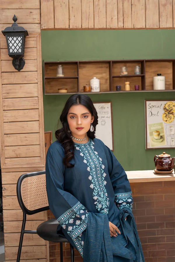 Dark Blue Embroidered Cotton 3 Piece Suit