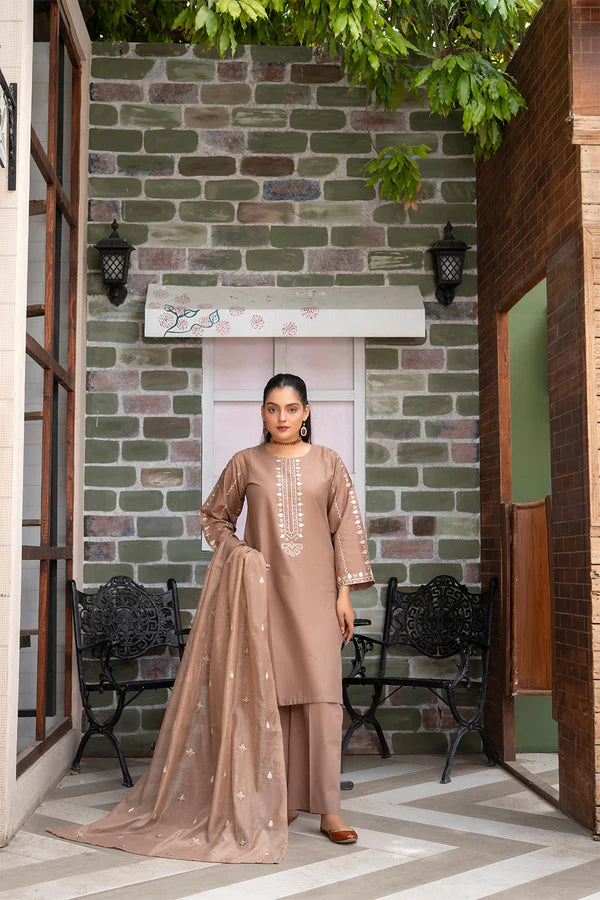 Classic Brown Embroidered Cotton 3 Piece Suit