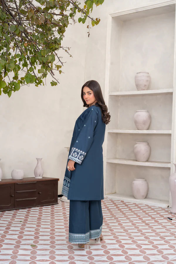 Royal Blue Embroidered Cotton Suit