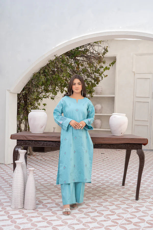 Serene Light Blue Embroidered Cotton Suit
