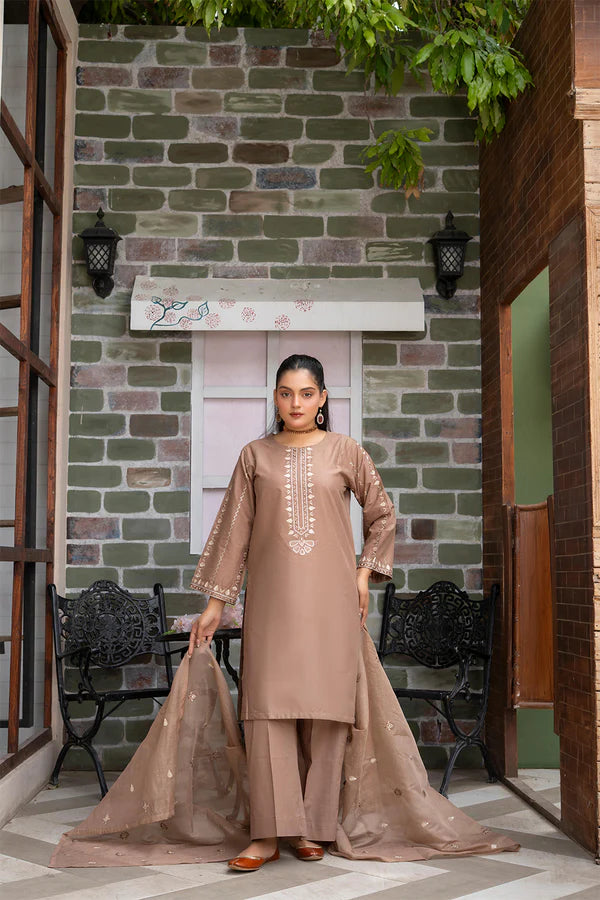 Classic Brown Embroidered Cotton 3 Piece Suit