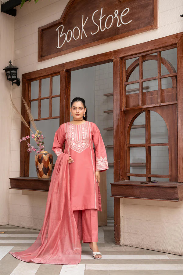Muted Pink Embroidered Cotton 3 Piece Suit