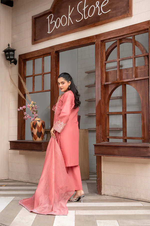 Muted Pink Embroidered Cotton 3 Piece Suit