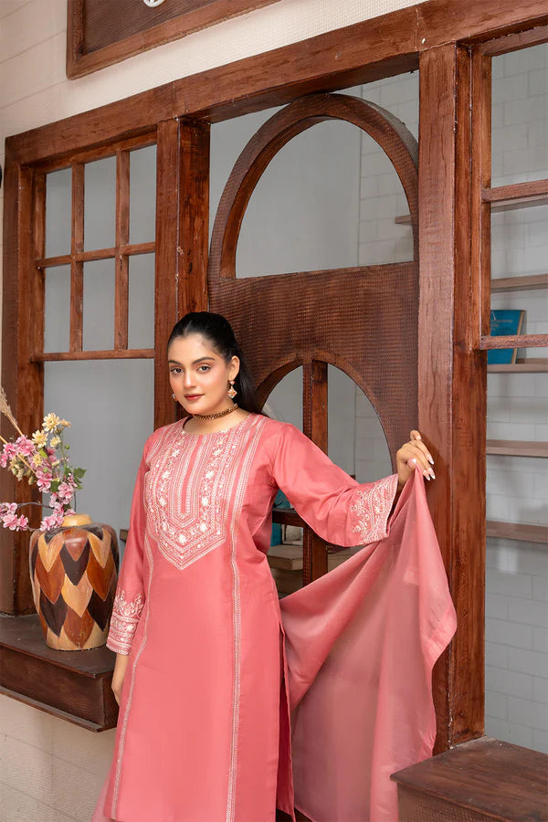 Muted Pink Embroidered Cotton 3 Piece Suit