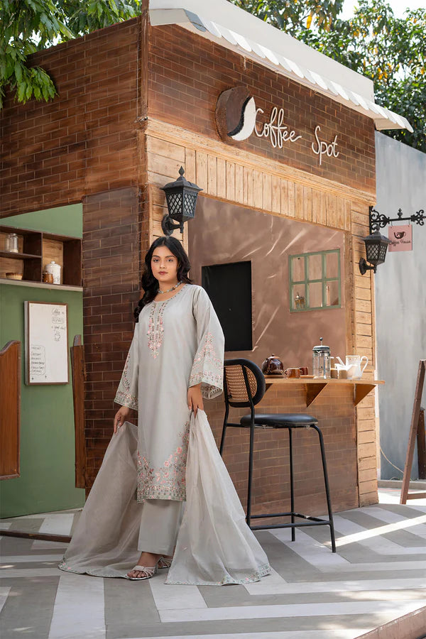 Light Gray Embroidered Cotton 3 Piece Suit