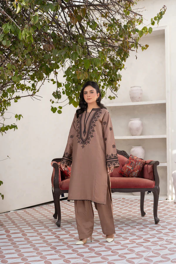Traditional Brown Embroidered Cotton Suit