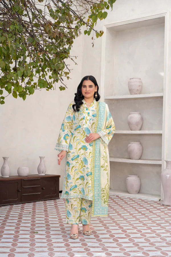 Elegant Cream 3-Piece Printed Cotton Suit