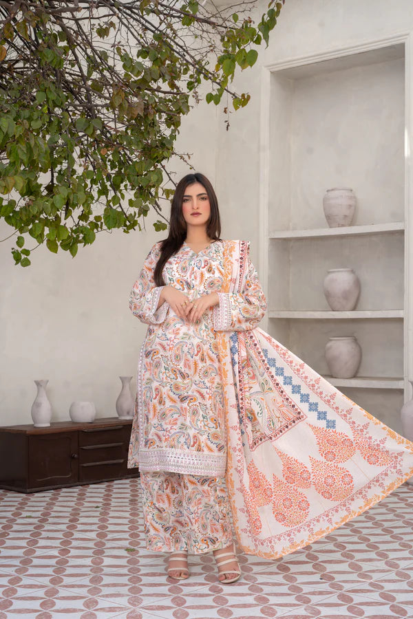 Radiant White & Orange 3-Piece Printed Cotton Suit