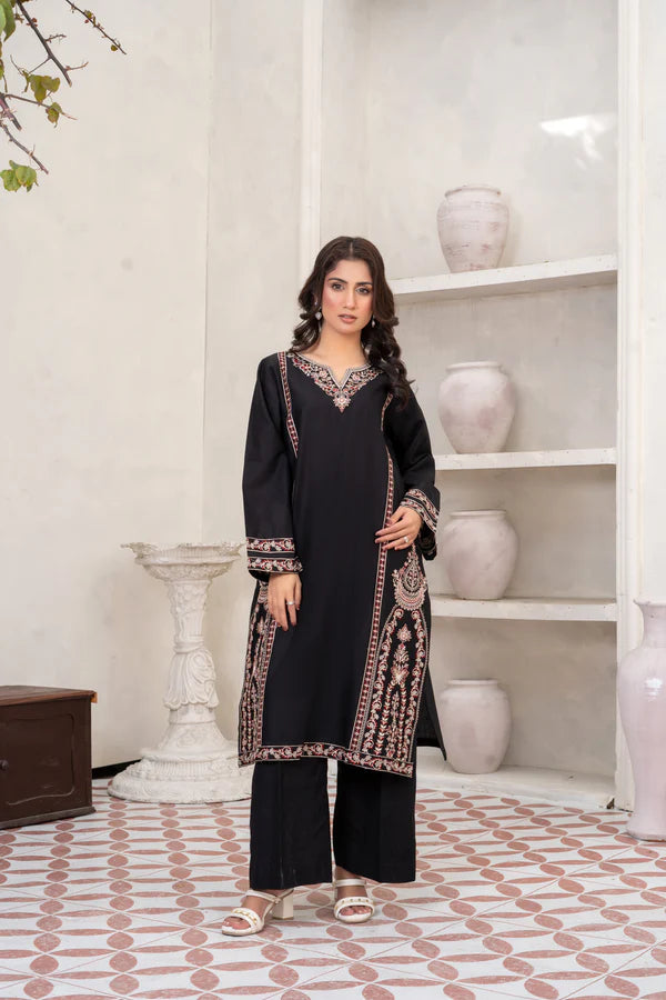 Elegant Black Embroidered Cotton Suit