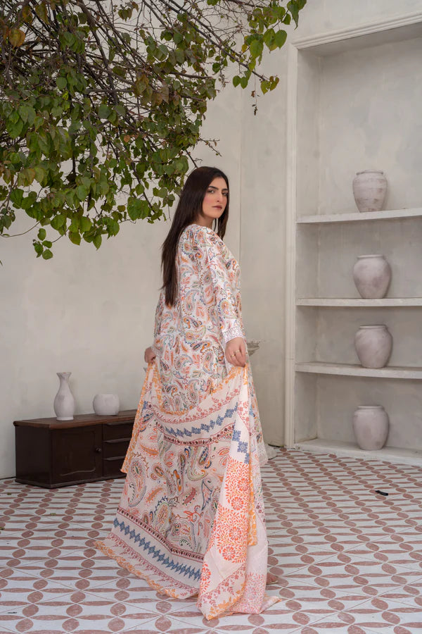 Radiant White & Orange 3-Piece Printed Cotton Suit