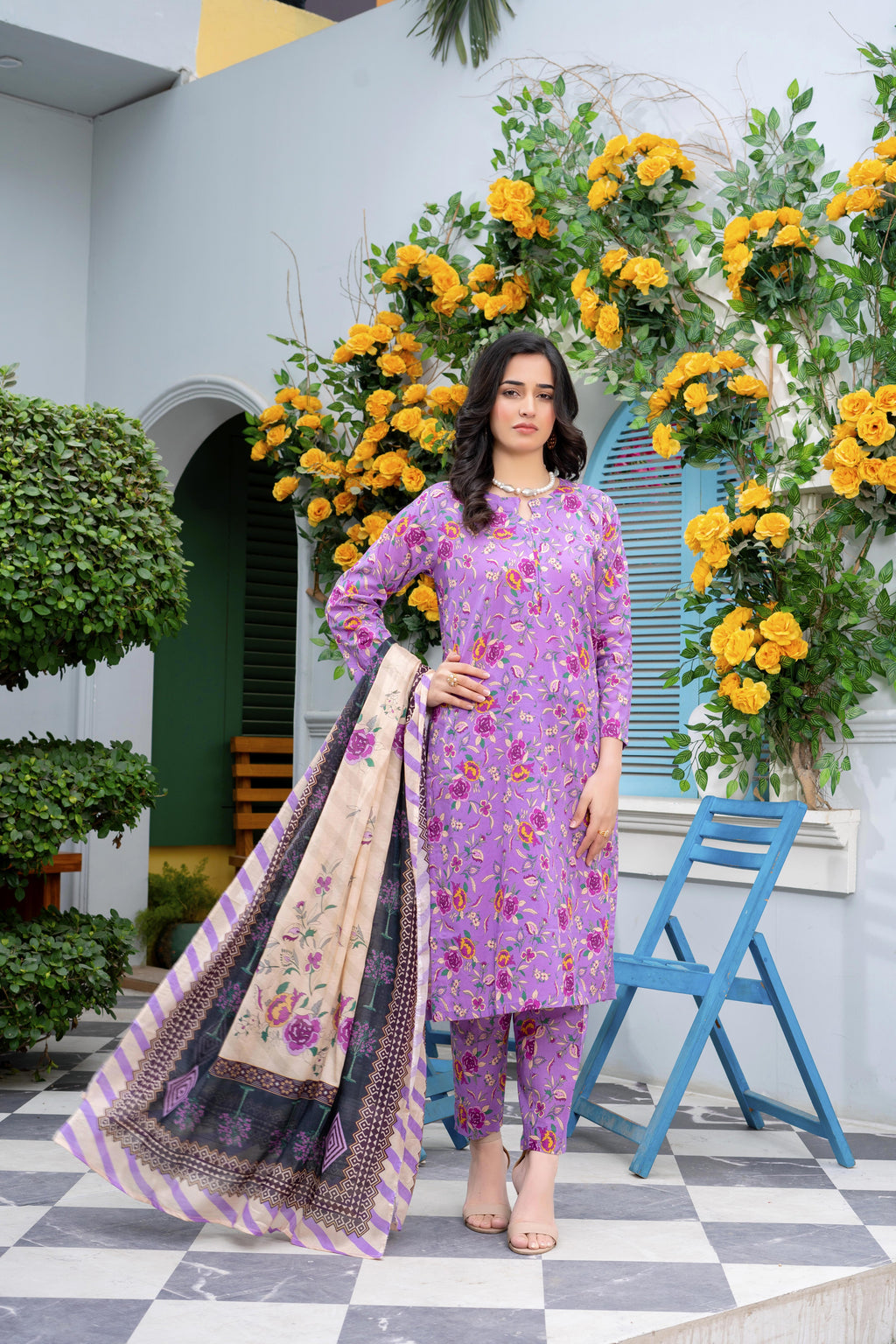 Stitched 3-Piece Suit – Purple Bloom with Printed Dupatta