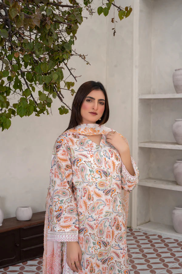 Radiant White & Orange 3-Piece Printed Cotton Suit