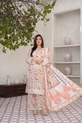 Radiant White & Orange 3-Piece Printed Cotton Suit