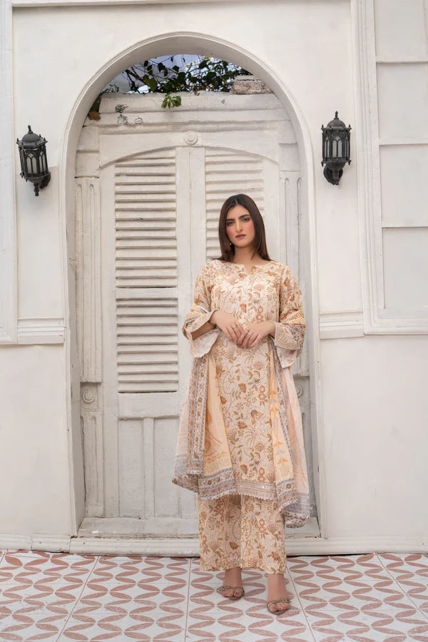Chic Beige 3-Piece Printed Cotton Suit