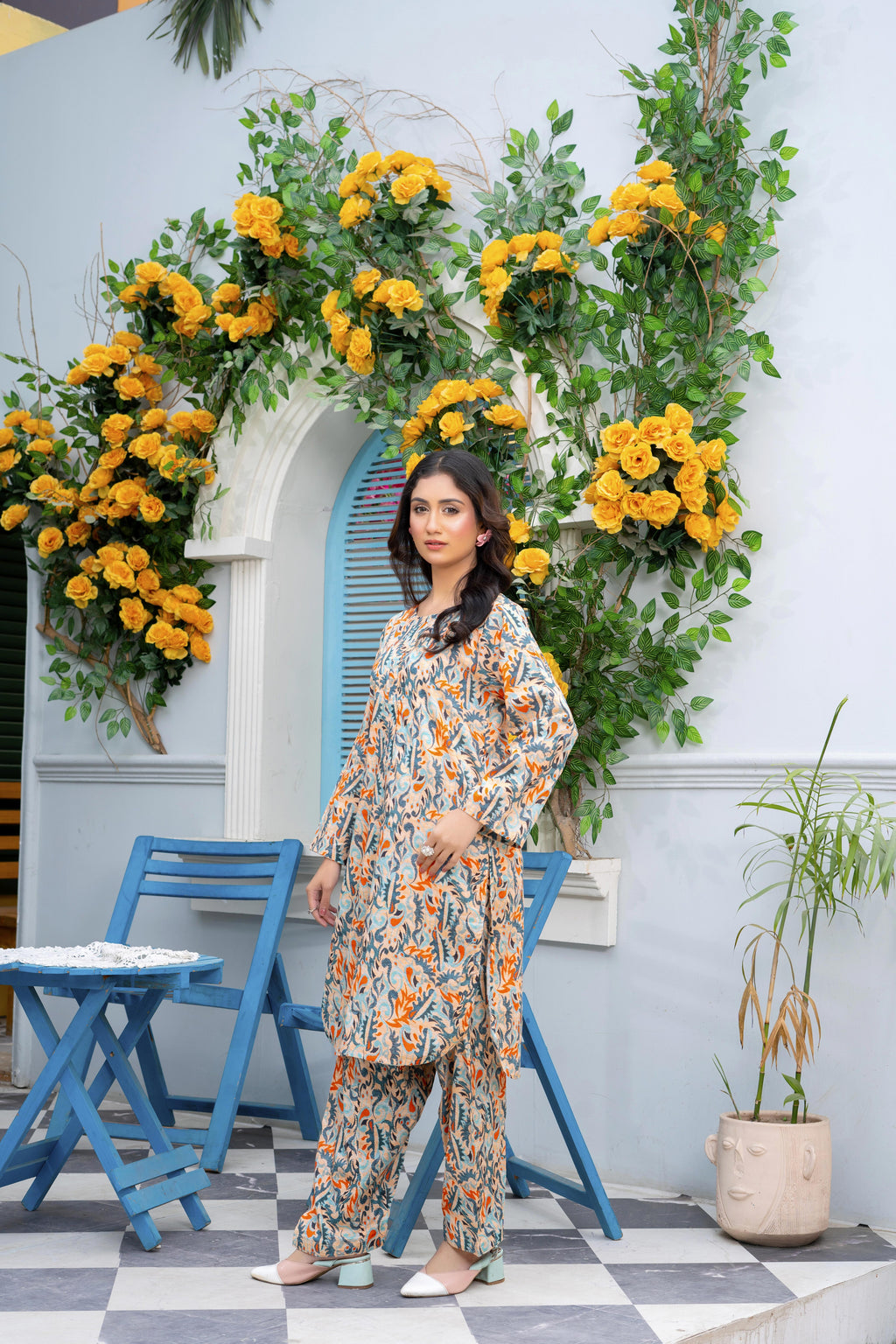 Stitched 2-Piece Suit – Botanical Burst in Sunset Tones