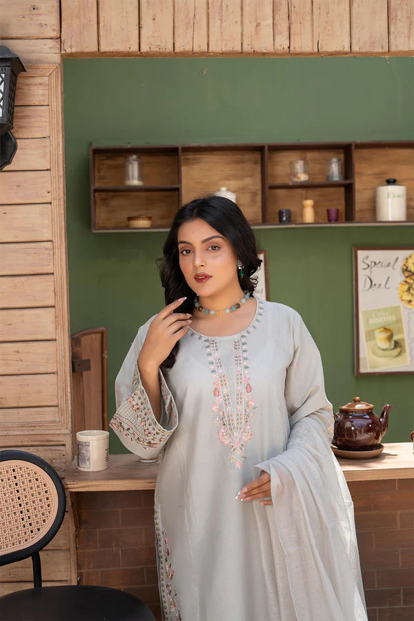 Light Gray Embroidered Cotton 3 Piece Suit