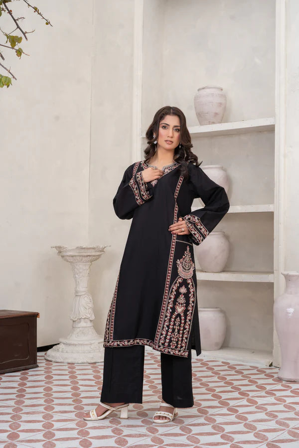 Elegant Black Embroidered Cotton Suit
