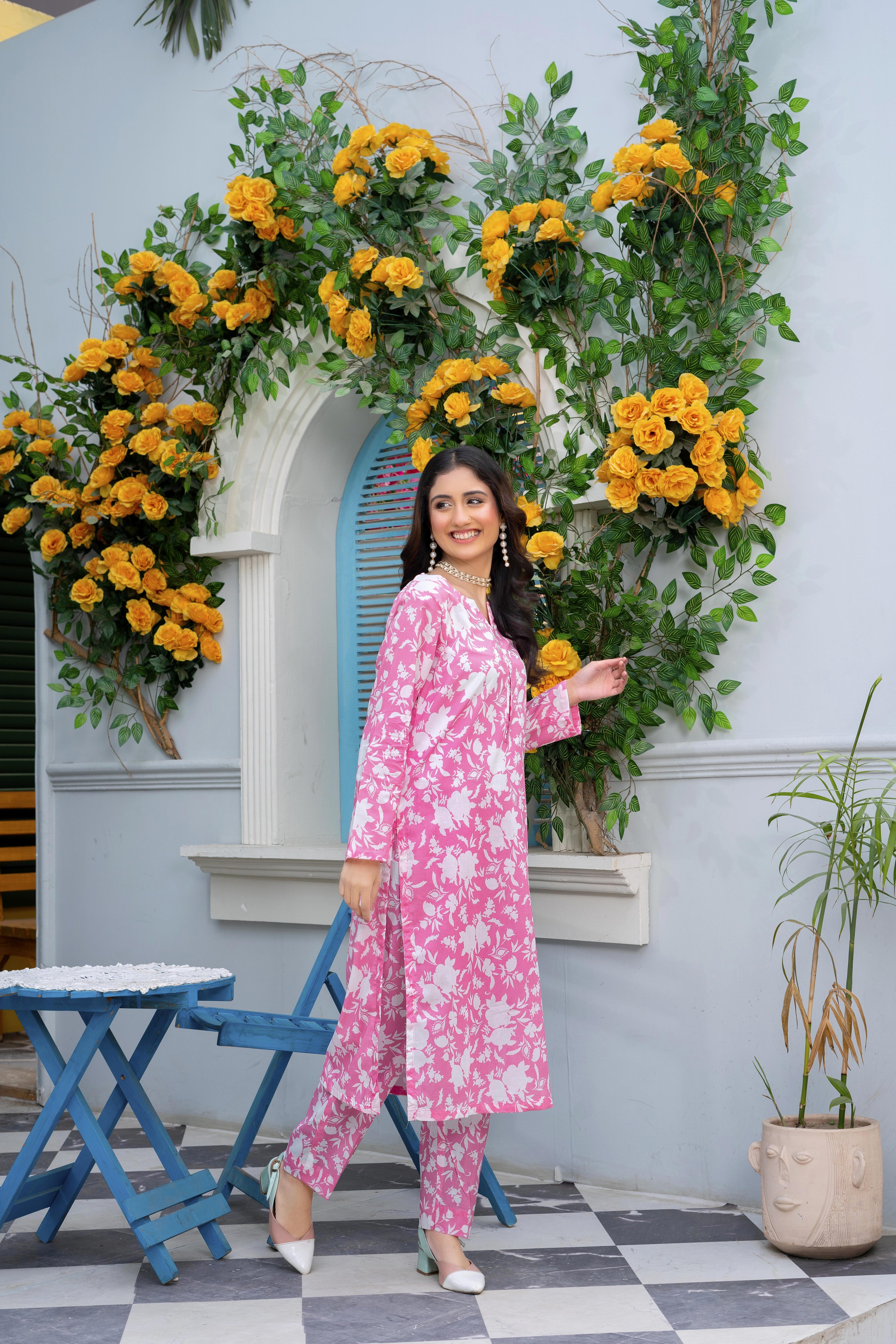 Stitched 2-Piece Suit – Blush Bloom in Pink & White