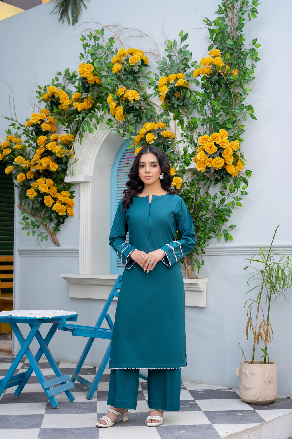 Stitched 2-Piece Suit – Teal Elegance with Embellished Cuffs