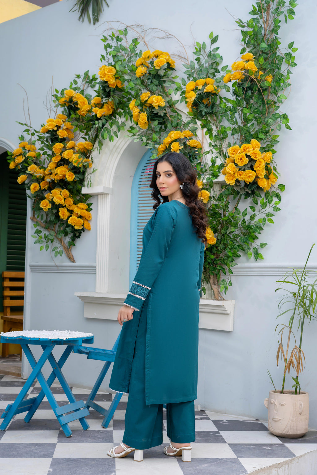 Stitched 2-Piece Suit – Teal Elegance with Embellished Cuffs